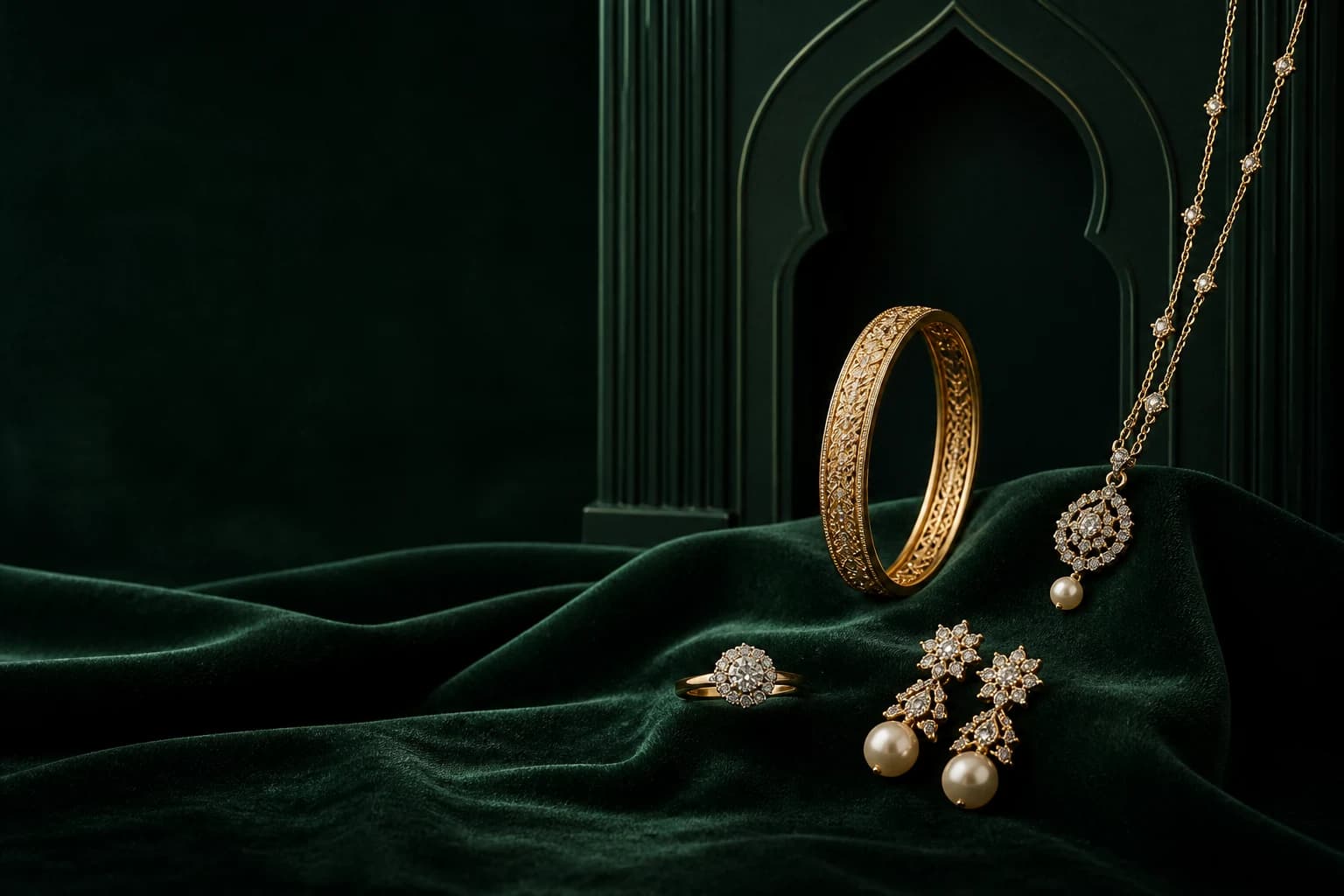Gold jewelry on deep emerald velvet